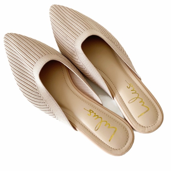 Lulu’s, Jeaney Light Nude Ribbed Knit Pointed-Toe Mule Slides - Picture 1 of 7